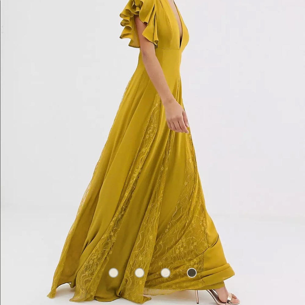 Gold Maxi Dress with Lace Godet Panels, NWT